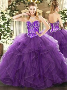 Tulle Sweetheart Sleeveless Lace Up Beading and Ruffles Sweet 16 Quinceanera Dress in Eggplant Purple