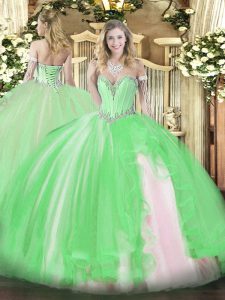 Charming Tulle Lace Up Sweetheart Sleeveless Floor Length Quinceanera Dresses Beading and Ruffles