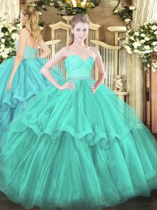 Charming Sleeveless Tulle Brush Train Zipper Sweet 16 Dress in Aqua Blue with Beading and Lace and Ruffled Layers