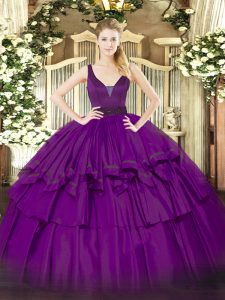 Sleeveless Organza Floor Length Zipper Sweet 16 Dresses in Purple with Beading and Ruffled Layers