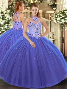 Blue Sleeveless Embroidery Floor Length Quinceanera Dresses