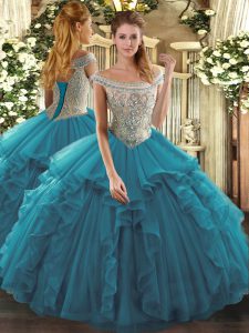 New Style Floor Length Teal Sweet 16 Dress Off The Shoulder Sleeveless Lace Up