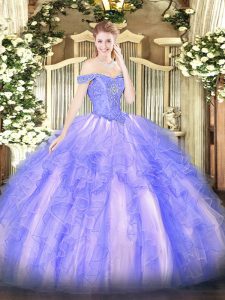 Fantastic Lavender Off The Shoulder Lace Up Beading and Ruffles Quinceanera Gowns Sleeveless