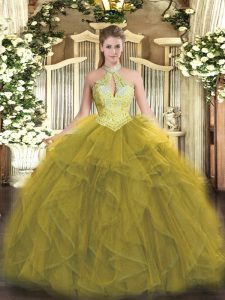 Most Popular Sleeveless Floor Length Beading and Ruffles Lace Up Quinceanera Gown with Olive Green