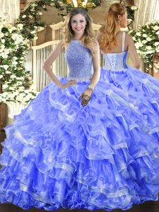 Comfortable Blue Lace Up High-neck Beading and Ruffled Layers Quinceanera Dress Organza Sleeveless