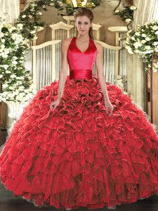 Charming Red Organza Lace Up Halter Top Sleeveless Floor Length Sweet 16 Dresses Ruffles