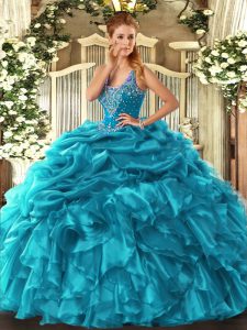 Romantic Teal Sweet 16 Dresses Military Ball and Sweet 16 and Quinceanera with Beading and Ruffles and Pick Ups Straps S