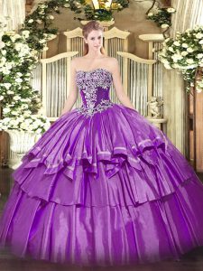 Purple Lace Up Strapless Beading and Ruffled Layers Quince Ball Gowns Organza and Taffeta Sleeveless