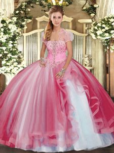 Dramatic Sleeveless Tulle Floor Length Lace Up Quinceanera Gown in Pink with Beading and Ruffles