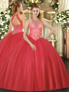 Red Sleeveless Tulle Lace Up Quinceanera Dresses for Military Ball and Sweet 16 and Quinceanera
