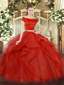 Red Short Sleeves Appliques and Ruffles Floor Length Sweet 16 Dress