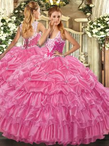 Organza Straps Sleeveless Lace Up Beading and Ruffled Layers and Pick Ups Quince Ball Gowns in Rose Pink