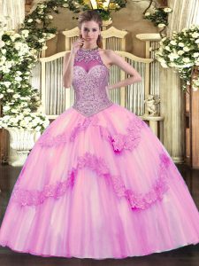 Flirting Rose Pink Tulle Lace Up Halter Top Sleeveless Floor Length Sweet 16 Dress Beading and Appliques