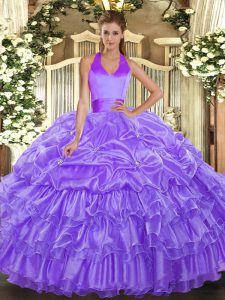Halter Top Sleeveless Quinceanera Gowns Floor Length Ruffled Layers and Pick Ups Lavender Organza