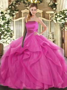 Best Hot Pink Tulle Lace Up Ball Gown Prom Dress Sleeveless Floor Length Ruffles