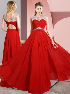 New Arrival Empire Prom Dress Red Scoop Chiffon Sleeveless Floor Length Clasp Handle