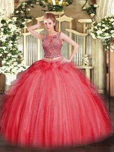 Deluxe Coral Red Sleeveless Floor Length Beading and Ruffles Lace Up Quince Ball Gowns