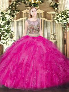 Hot Pink Tulle Lace Up Ball Gown Prom Dress Sleeveless Floor Length Beading and Ruffles