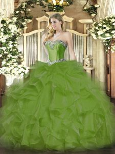 Olive Green Ball Gowns Sweetheart Sleeveless Organza Floor Length Lace Up Beading and Ruffles Vestidos de Quinceanera