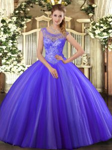 Wonderful Scoop Sleeveless Tulle Ball Gown Prom Dress Beading Lace Up