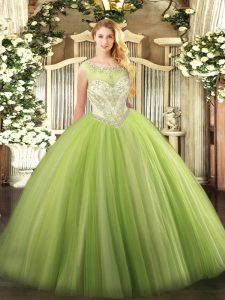 Glittering Sleeveless Tulle Floor Length Zipper Sweet 16 Dress in Yellow Green with Beading