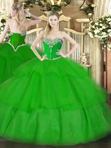 Fashion Green Sleeveless Tulle Lace Up Quinceanera Gowns for Military Ball and Sweet 16 and Quinceanera