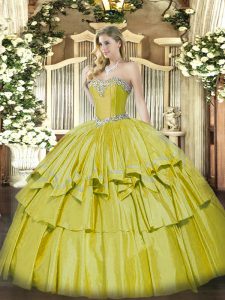 Nice Organza and Taffeta Sweetheart Sleeveless Lace Up Beading and Ruffled Layers Quinceanera Gowns in Yellow