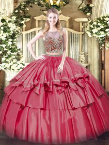 Discount Coral Red Two Pieces Organza and Taffeta Scoop Sleeveless Beading and Ruffled Layers Floor Length Lace Up Quinc