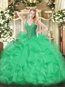 Custom Design Beading and Ruffles Quinceanera Dress Green Lace Up Sleeveless Floor Length