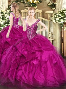 Dazzling Organza V-neck Sleeveless Lace Up Beading and Ruffles Sweet 16 Quinceanera Dress in Fuchsia