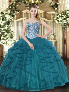 Floor Length Lace Up Quinceanera Dresses Teal for Military Ball and Sweet 16 and Quinceanera with Beading and Ruffles