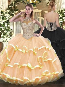 Cheap Floor Length Ball Gowns Sleeveless Peach Ball Gown Prom Dress Lace Up