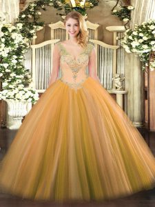 High End Floor Length Gold Quinceanera Gowns V-neck Sleeveless Lace Up