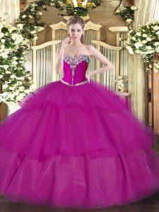 Custom Design Fuchsia Tulle Lace Up Quinceanera Dresses Sleeveless Floor Length Beading and Ruffled Layers
