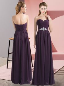Dark Purple Chiffon Lace Up Dress for Prom Sleeveless Floor Length Beading