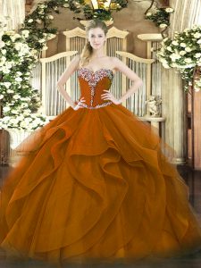 Low Price Floor Length Lace Up Sweet 16 Dresses Brown for Military Ball and Sweet 16 and Quinceanera with Beading and Ru