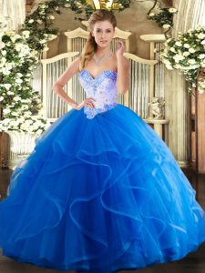 Blue Ball Gowns Tulle Sweetheart Sleeveless Beading and Ruffles Floor Length Lace Up Vestidos de Quinceanera