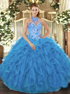 Fashion Baby Blue Organza Lace Up Quinceanera Dress Sleeveless Floor Length Beading and Embroidery and Ruffles