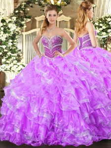 Beautiful Lilac Organza Lace Up Sweet 16 Dress Sleeveless Floor Length Beading and Ruffled Layers