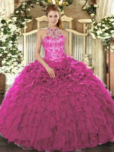Fuchsia Lace Up Quinceanera Gown Beading and Ruffles Sleeveless Floor Length