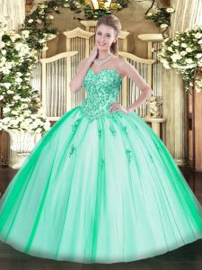 Appliques Vestidos de Quinceanera Turquoise Lace Up Sleeveless Floor Length