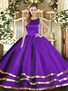 Purple Sleeveless Tulle Lace Up Quinceanera Gown for Military Ball and Sweet 16 and Quinceanera