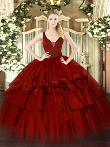 Sleeveless Floor Length Beading and Ruffled Layers Zipper Ball Gown Prom Dress with Wine Red