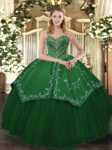 Nice Taffeta and Tulle Sweetheart Sleeveless Lace Up Beading and Pattern Sweet 16 Dress in Green