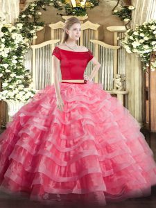 Watermelon Red Two Pieces Tulle Off The Shoulder Short Sleeves Appliques and Ruffled Layers Floor Length Zipper Quince B