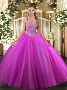 Ball Gowns Quinceanera Gown Fuchsia V-neck Tulle Sleeveless Floor Length Lace Up