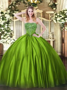 Sexy Floor Length Lace Up Quinceanera Dress Olive Green for Military Ball and Sweet 16 and Quinceanera with Beading