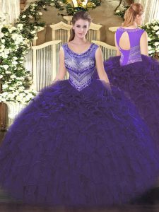 Eye-catching Floor Length Purple Quinceanera Dresses Organza Sleeveless Beading and Ruffles