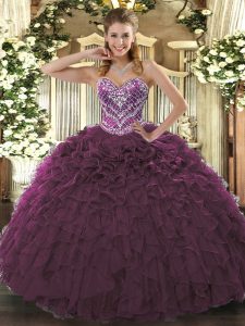 Sleeveless Tulle Floor Length Lace Up Quinceanera Gown in Burgundy with Beading and Ruffled Layers