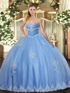 Enchanting Sleeveless Tulle Floor Length Lace Up Quinceanera Dresses in Blue with Beading and Appliques